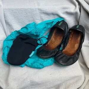Tieks Black Leather Ballet Flats | Compact Pouch | Reusable Travel Tote | Size 8